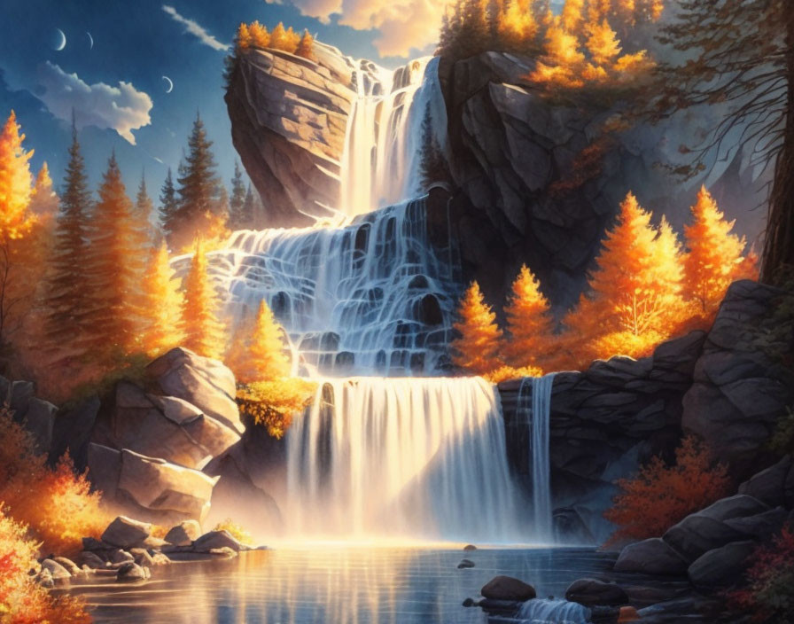 Waterfall, autumn, sun rays,and moon 