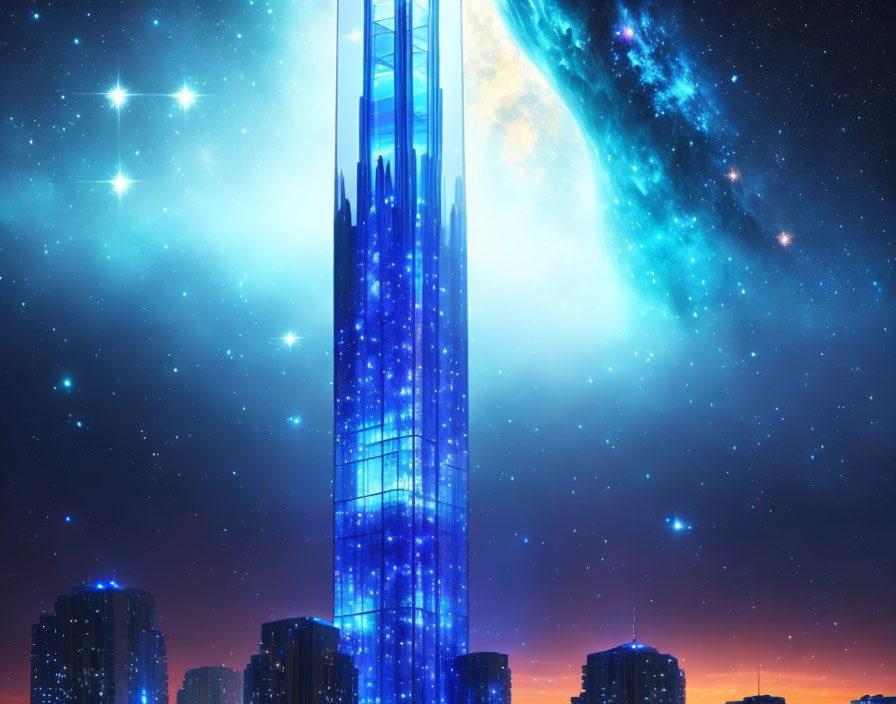 Fantasy blue glass tower among the stars. 