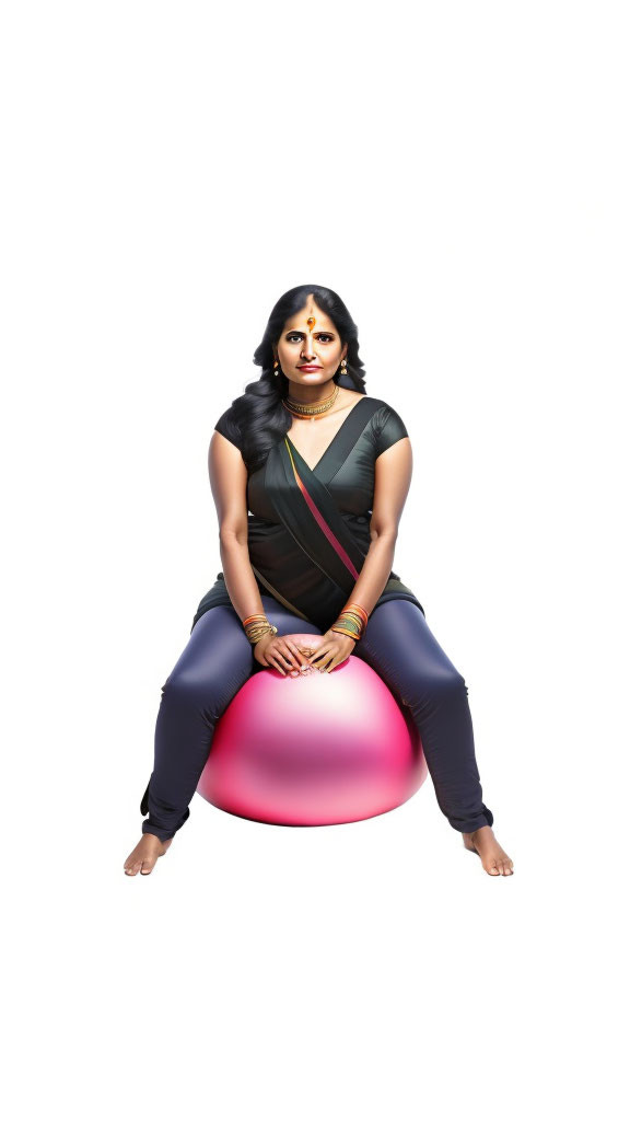 Indian woman bouncing on her pink yoga ball