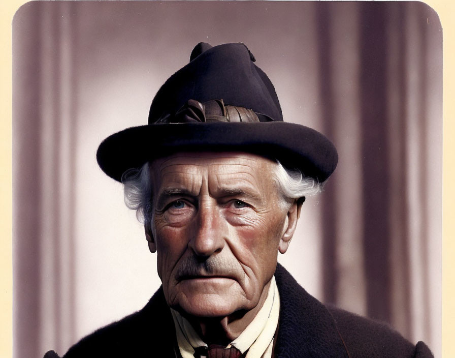 Elderly man in black fedora and suit with mustache on striped background