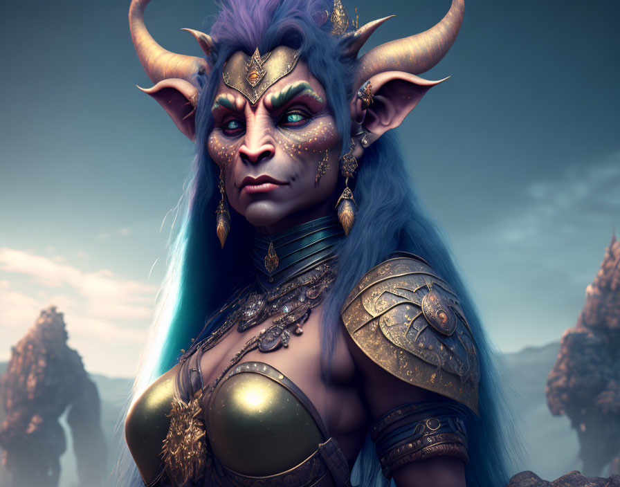 Fantasy female character with blue skin, horns, pointed ears, and gold armor in cloudy sky scenery