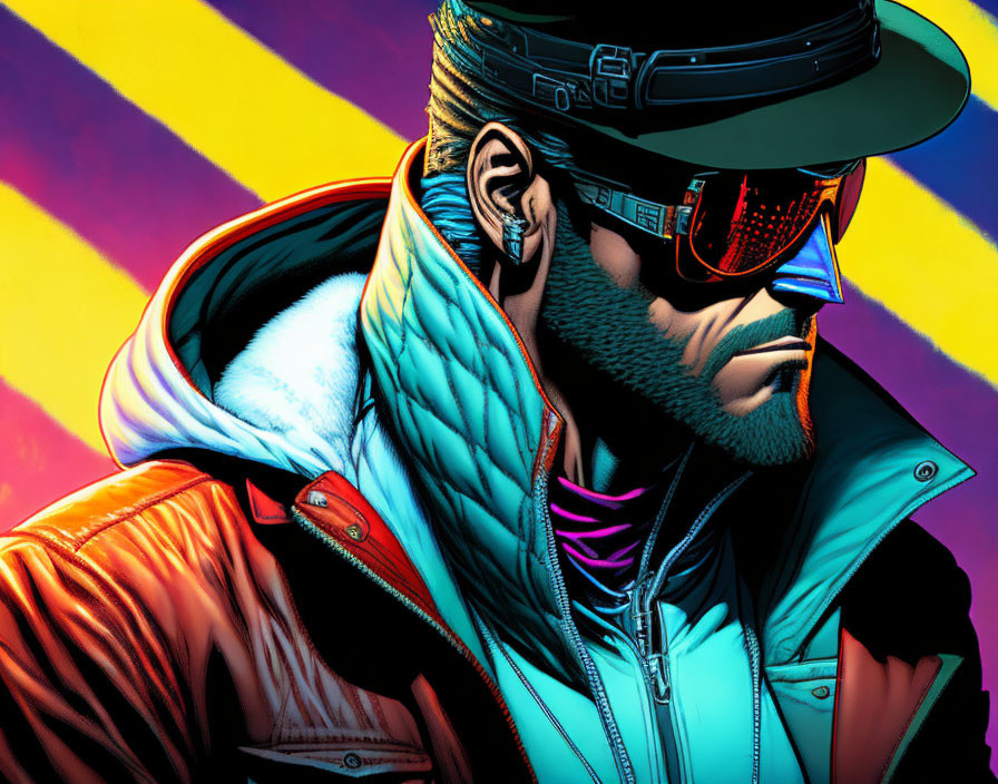 Digitally-drawn male figure in sunglasses and cap on neon-colored striped background