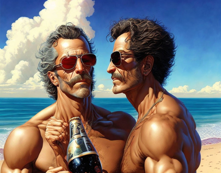 Two animated men with sunglasses and mustaches on a beach with clear blue sky and sea