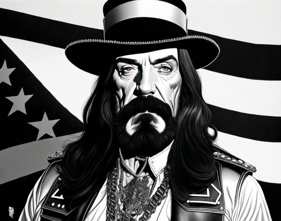 Monochrome illustration of man with beard and hat, American flag backdrop