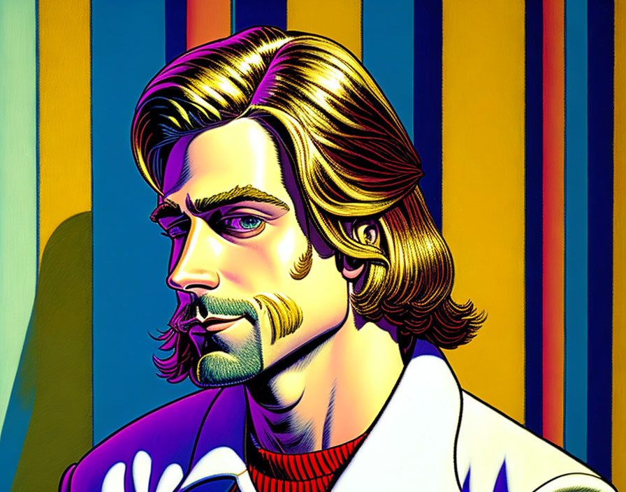 Stylized man with long hair and mustache on colorful background