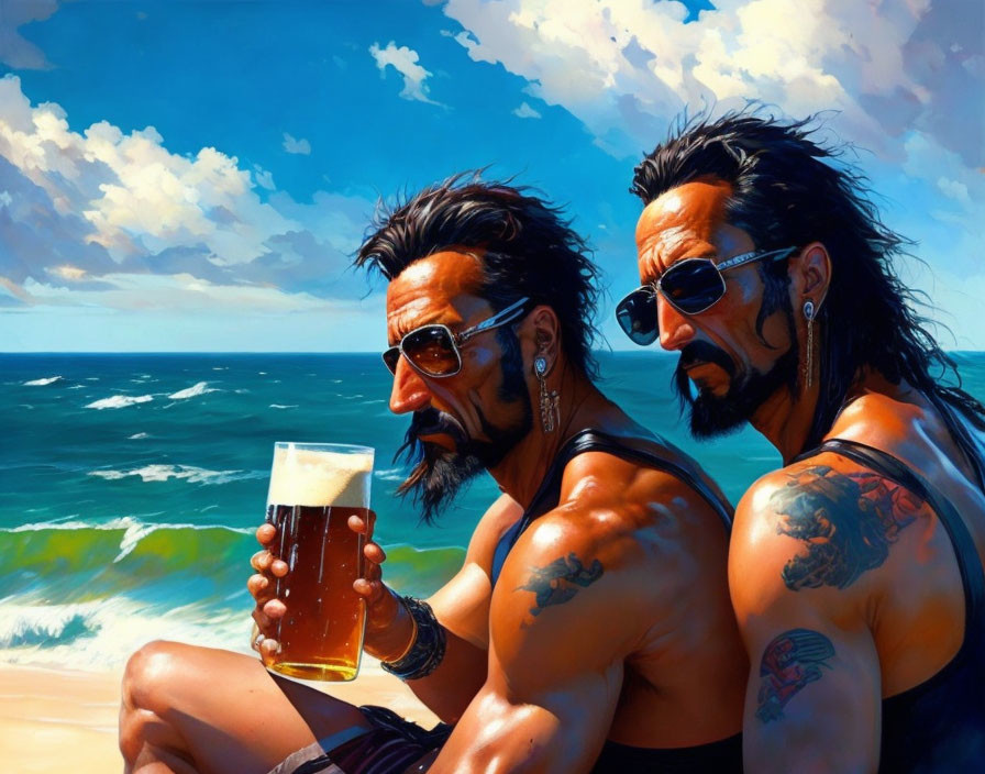 Muscular men with tattoos and sunglasses at the beach with beer glass, sunny sky, and waves.
