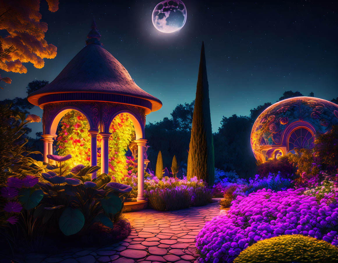moonlit garden filled with exotic, 