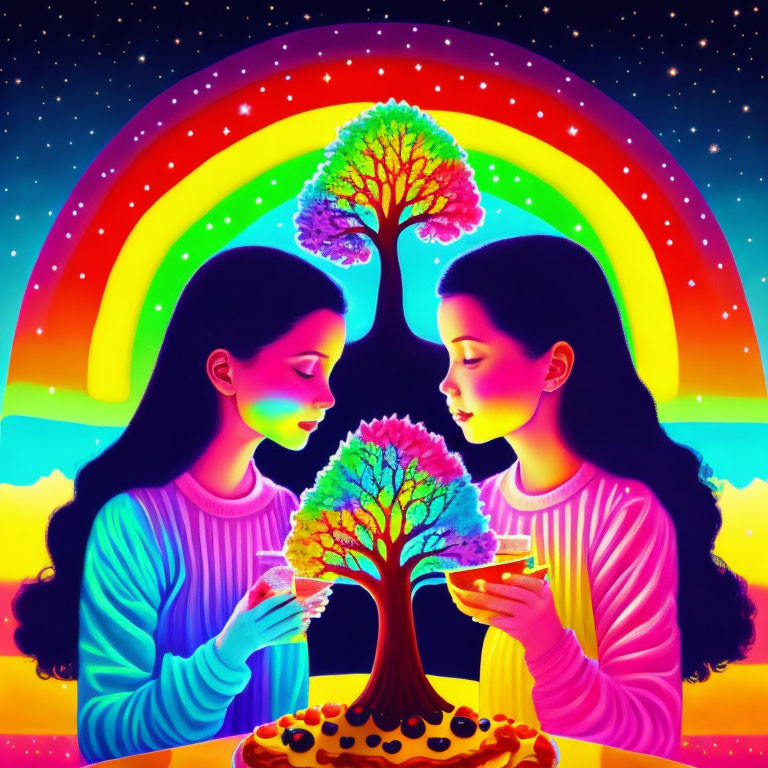 Two young girls admiring the tree between them