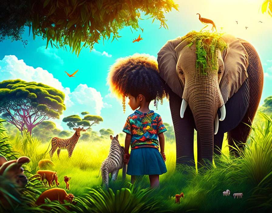 Girl in the jungle surrounded by animals 