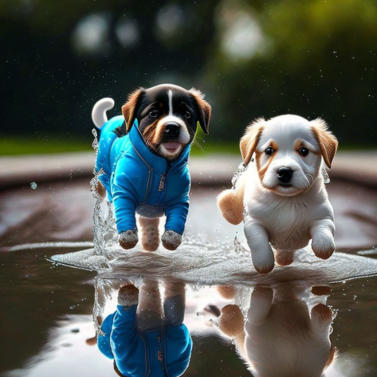 Two adorable dogs jumping into a puddle 