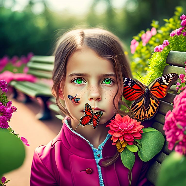Girl with butterflies surrounding her in a park