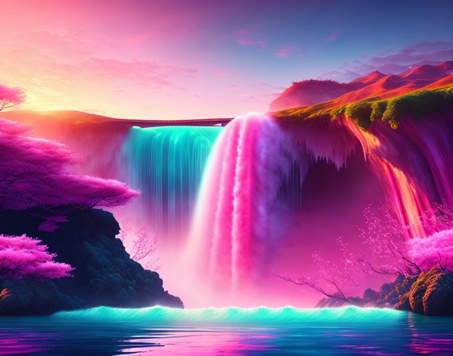 Pink waterfall pouring down into a blue ocean 