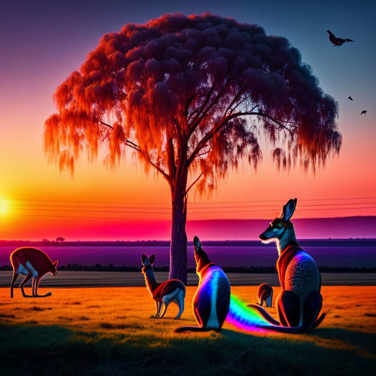 Kangaroos looking out into the fluorescent sunset 