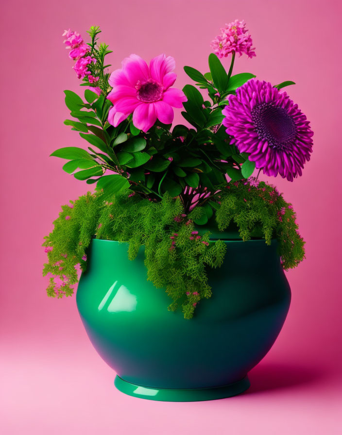 Bright pink flowers and grass in a pot
