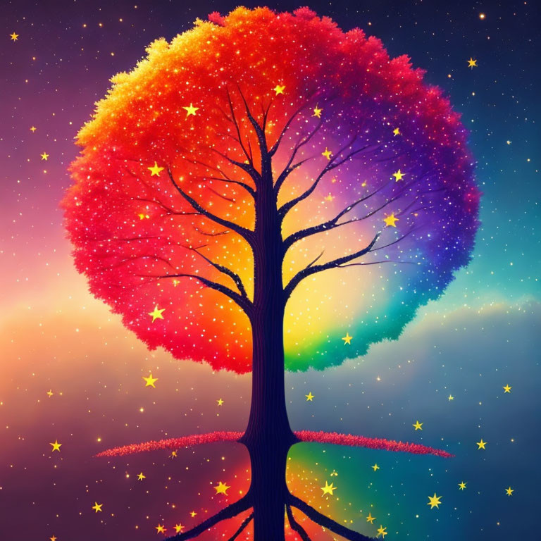 Rainbow tree with glistening stars near the branch