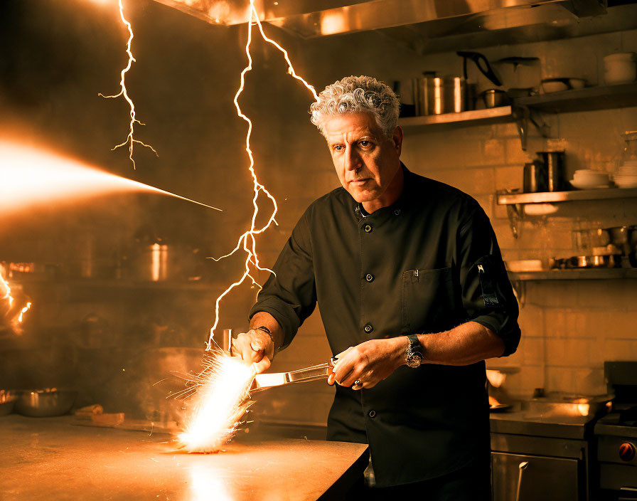 Chef Anthony Bourdain sharpens his knives with lig