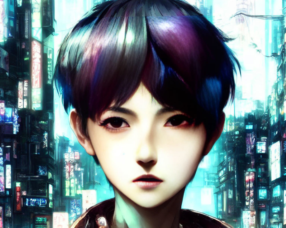 Colorful digital artwork: Youthful figure with multicolored hair and futuristic cityscape