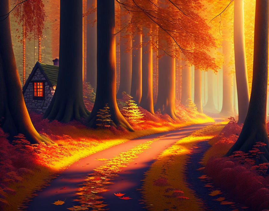 autumnal forest with a small cottage