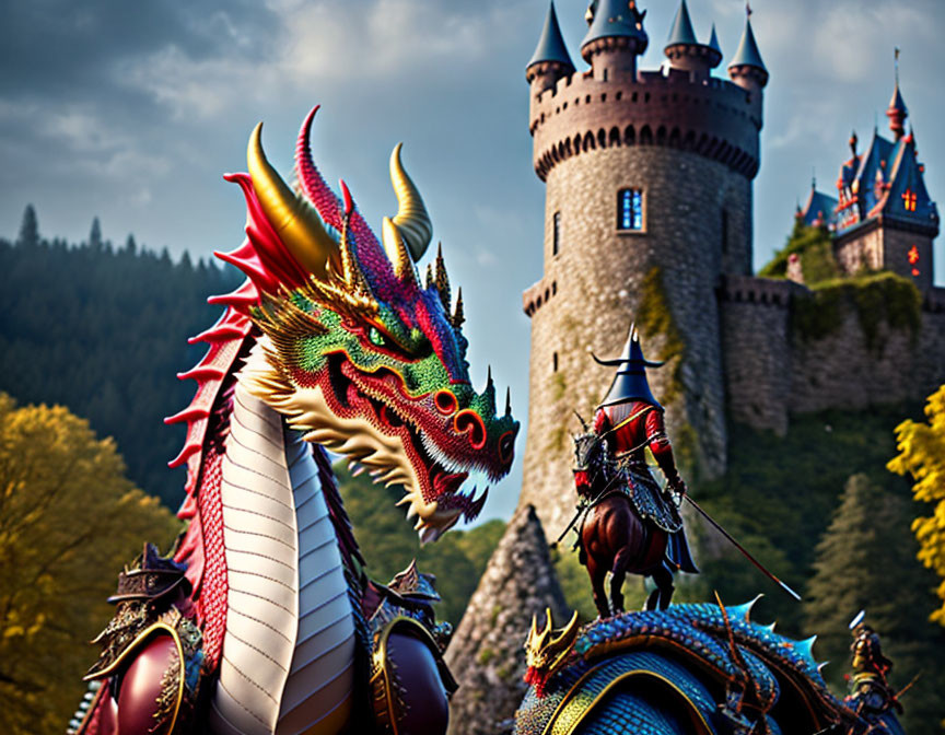 dragon by castle with knight