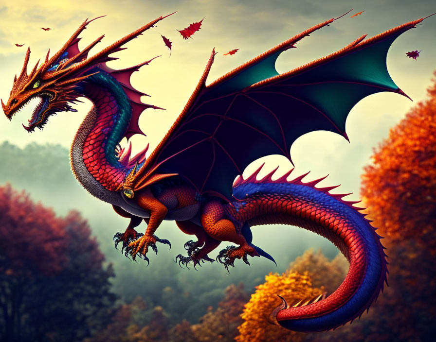 autumnal dragon hovering by a forest