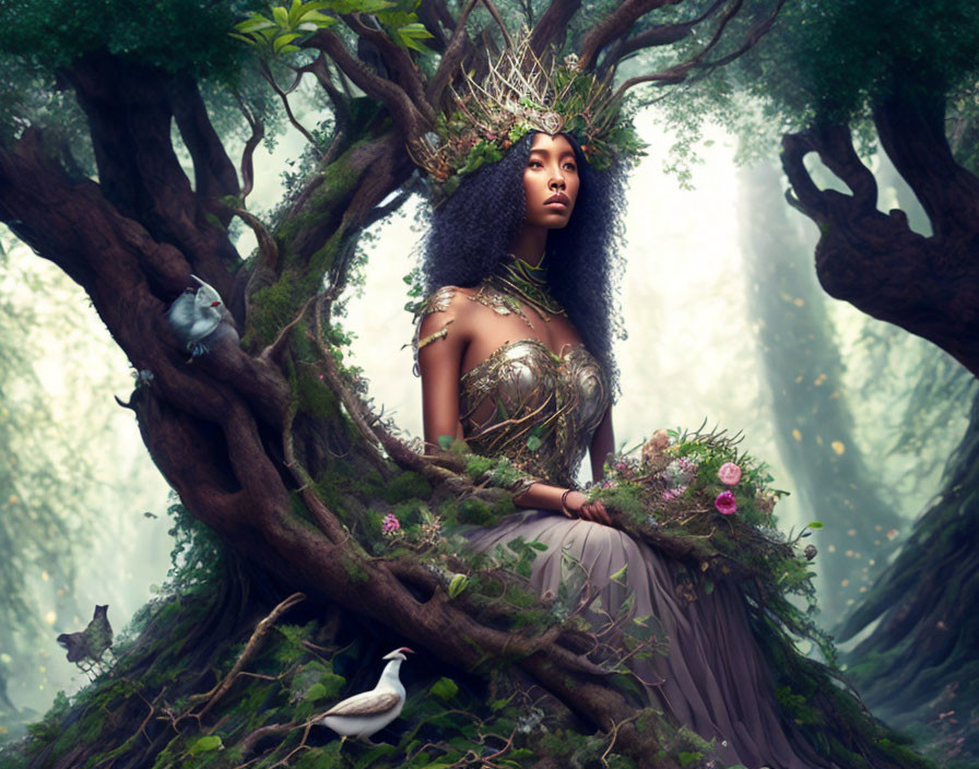 queen of a forest with cute animals around her