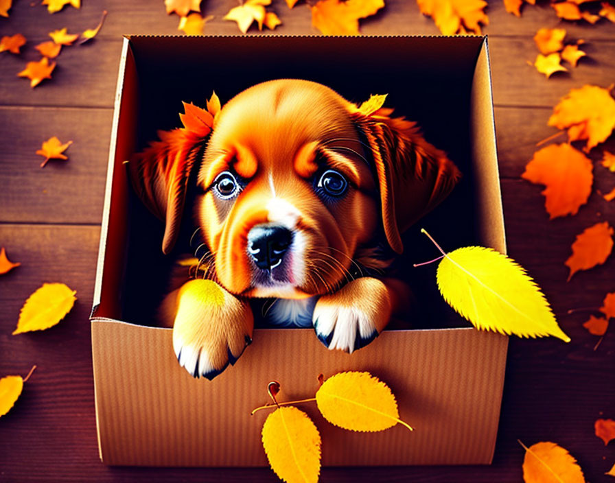 a cute puppy in the autumn leaves 