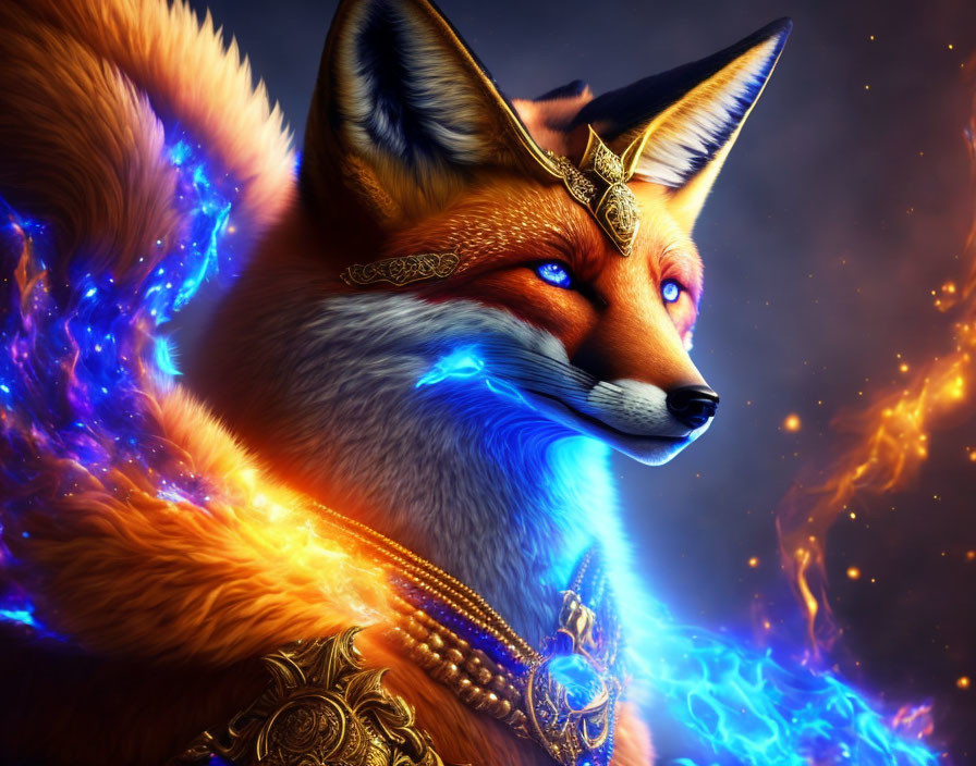  Fox god With blue flames in golden jewelry