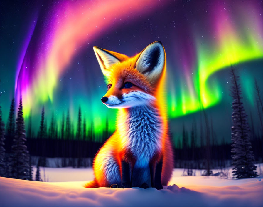 a cute baby Fox looking at the Aurora Borealis 