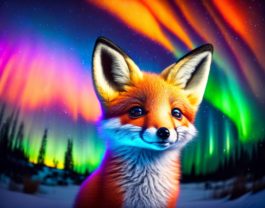  a cute baby Fox looking at the Aurora Borealis 