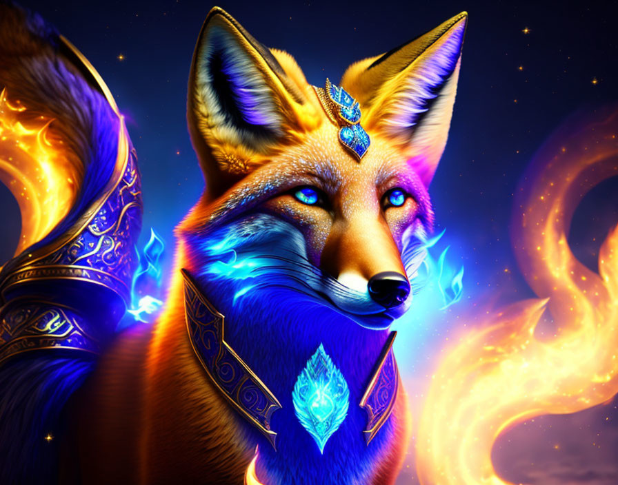  Fox god With blue flames in golden jewelry 