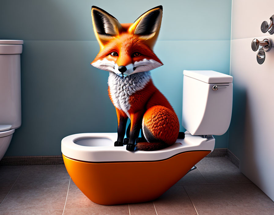 A fox sitting on a toilet