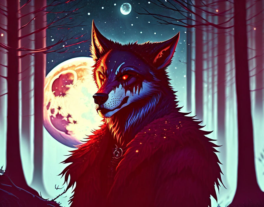  A scary werewolf in the forest with blood stains 