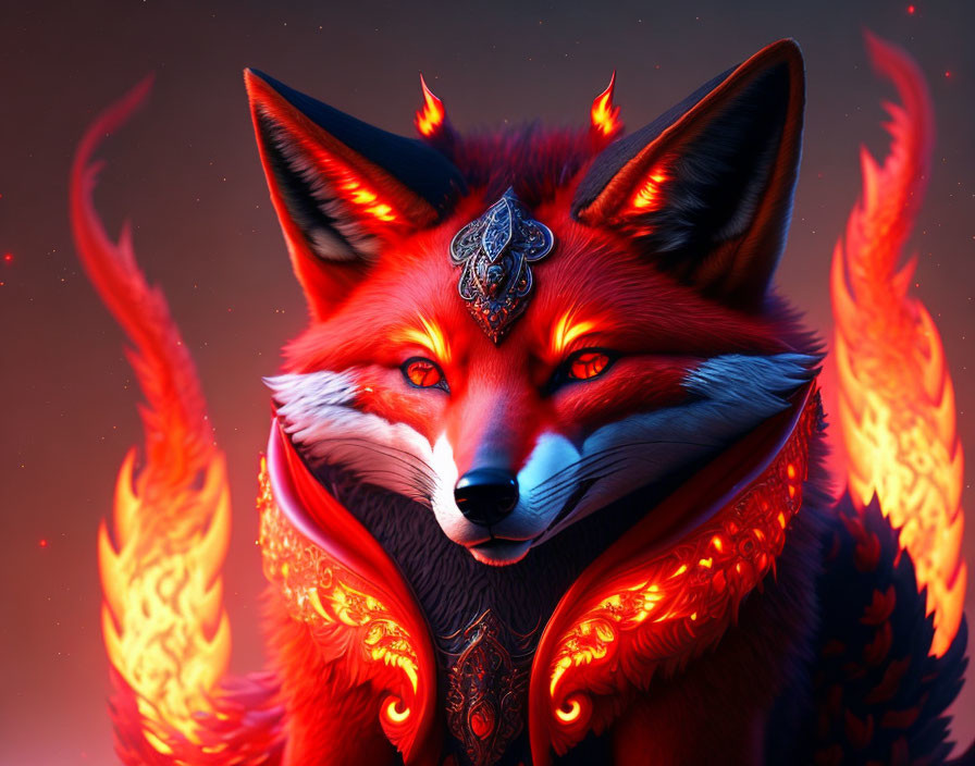 Fox with 9 tails and glowing red eyes 