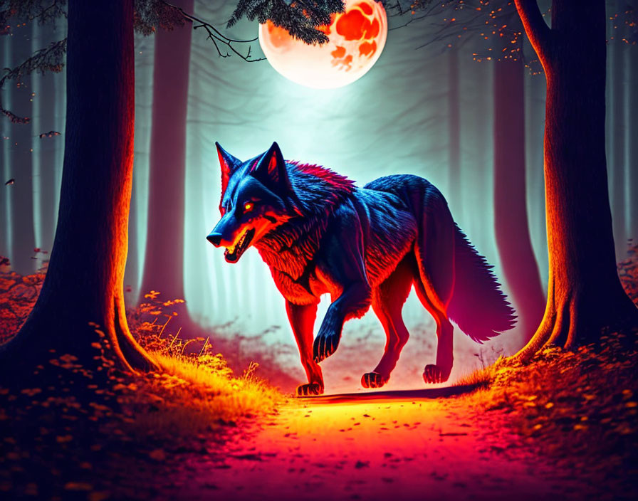 A scary werewolf  in the woods with a red moon