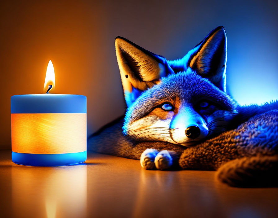 a blue fox laying next to a candle 