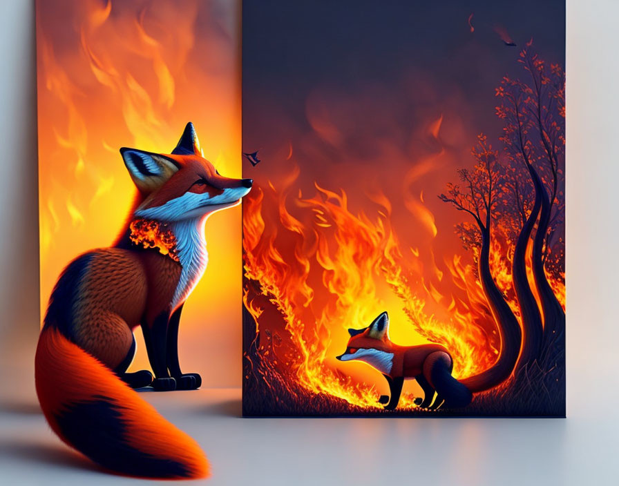 fox with fire in the woods