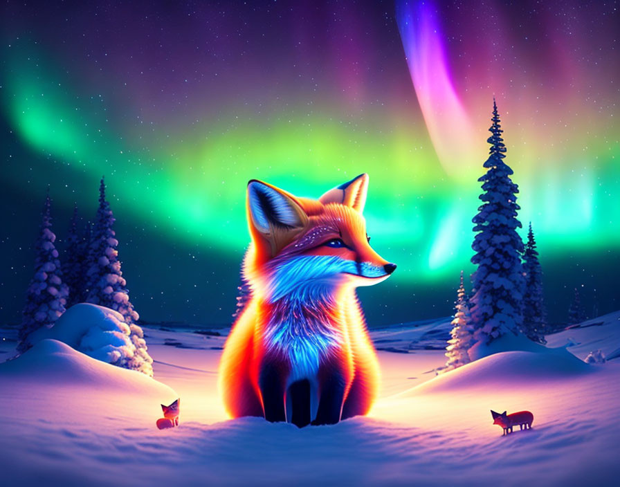 a cute baby Fox looking at the Aurora Borealis