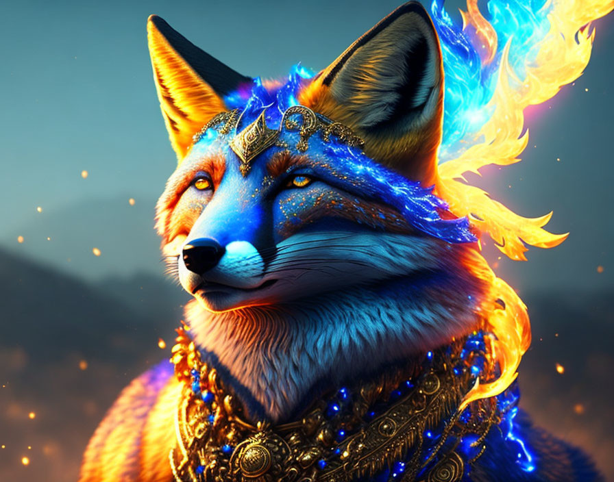   Fox god With blue flames in golden jewelry