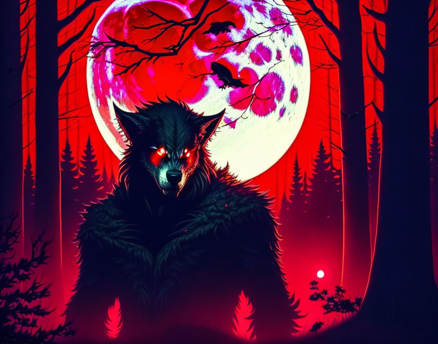 A scary werewolf in the forest with blood stains 