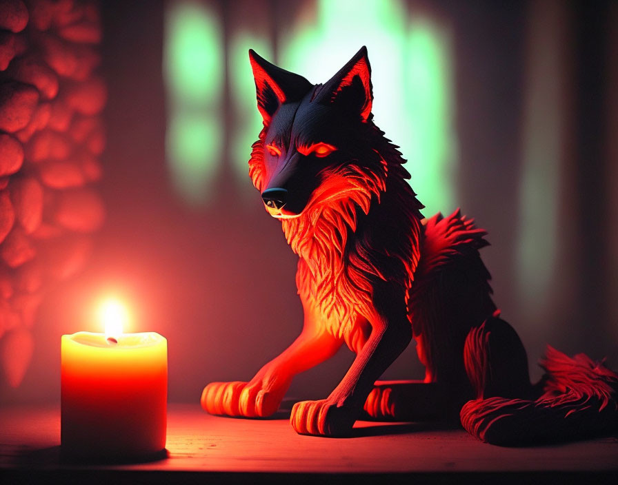 A creepy red werewolf laying next to a red Candle