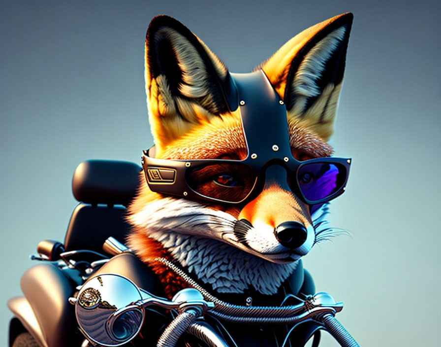 Fox with sunglasses on a motorcycle