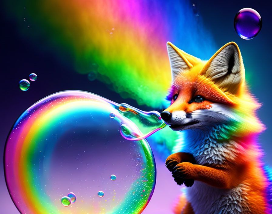 Rainbow fox playing with bubbles