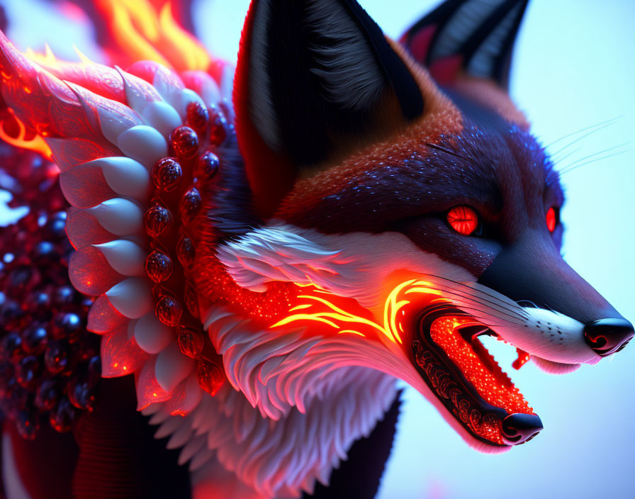   Fox with 9 tails and glowing red eyes and tails 