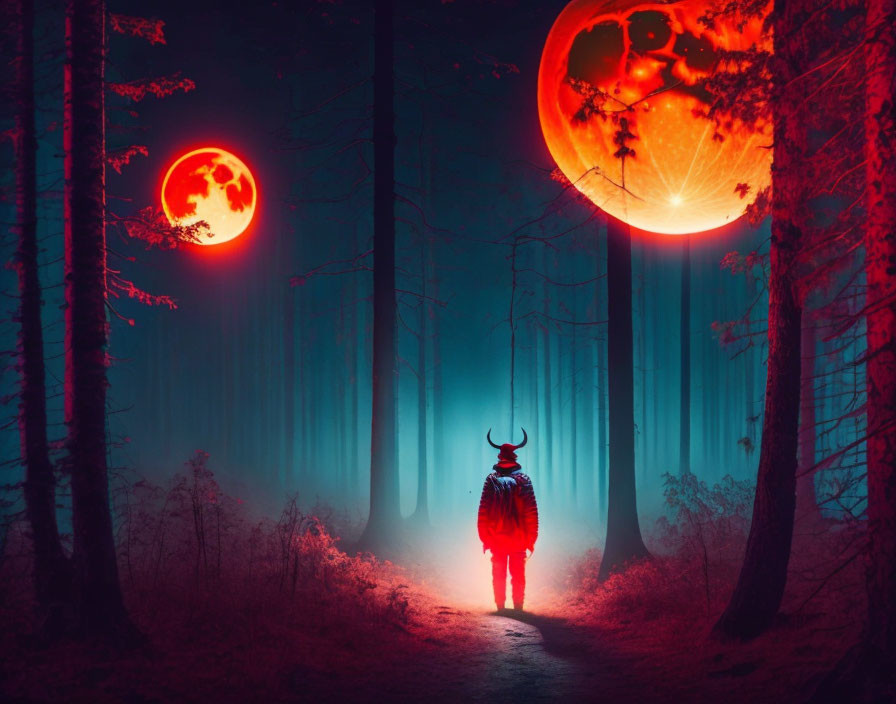   A demon in the woods with a full bright red moon