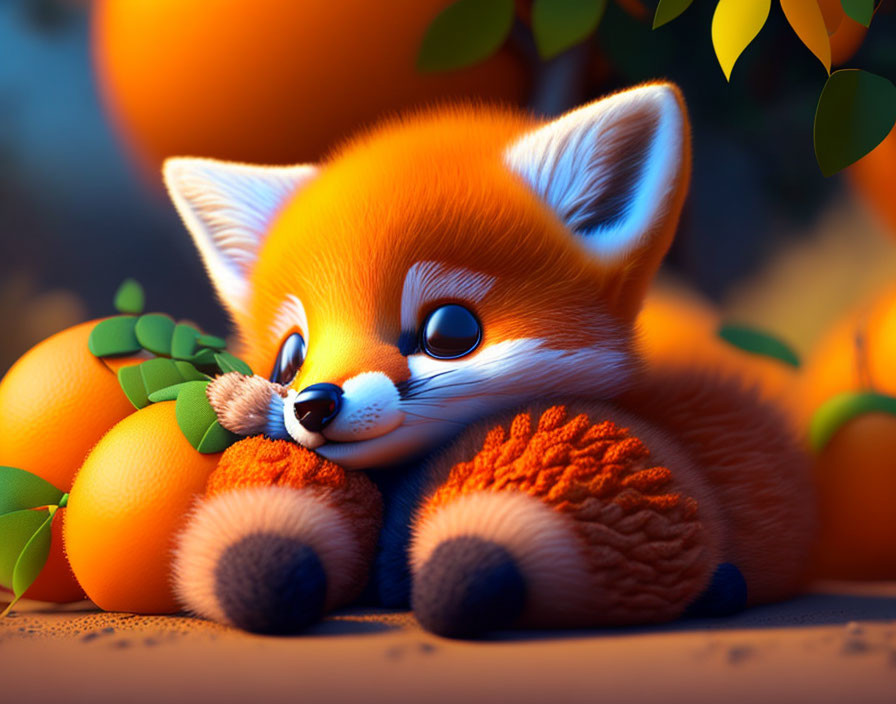 A cute fox with a fluffy tail laying under a tree