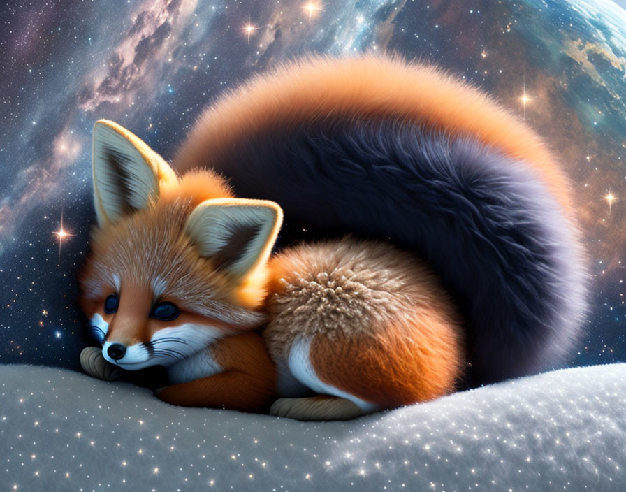 A cute fox with a fluffy tail sleeping in space