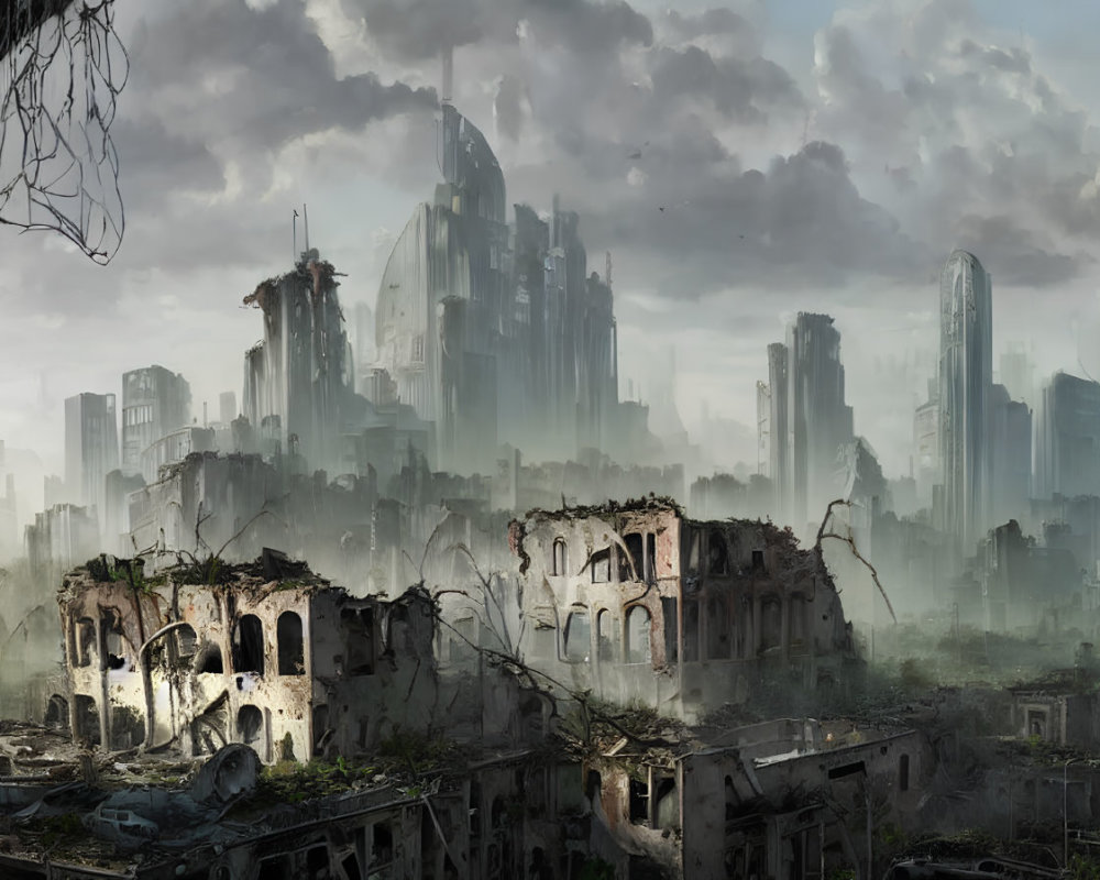 Abandoned ruins and overgrown plants against a futuristic city skyline under cloudy sky