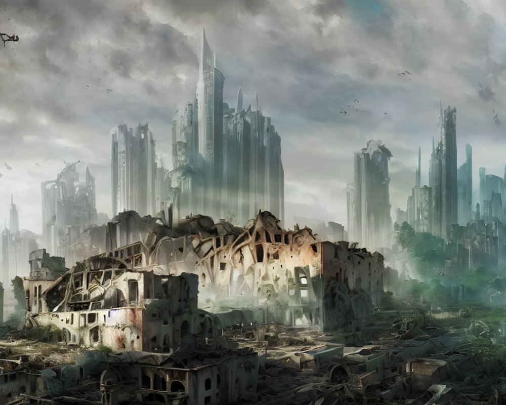 Dystopian cityscape with decrepit and damaged buildings against misty sky