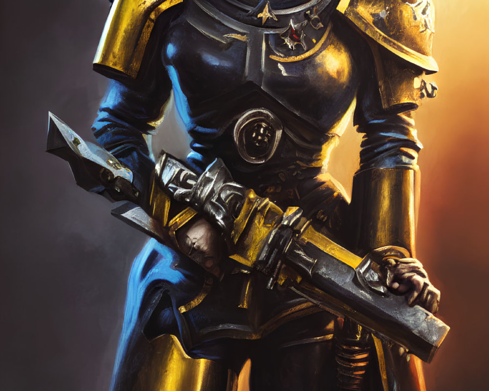 Futuristic knight armor woman with gun, blade, and emblem