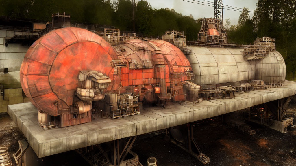 Dystopian industrial facility with red domes and robotic arm in gloomy forest